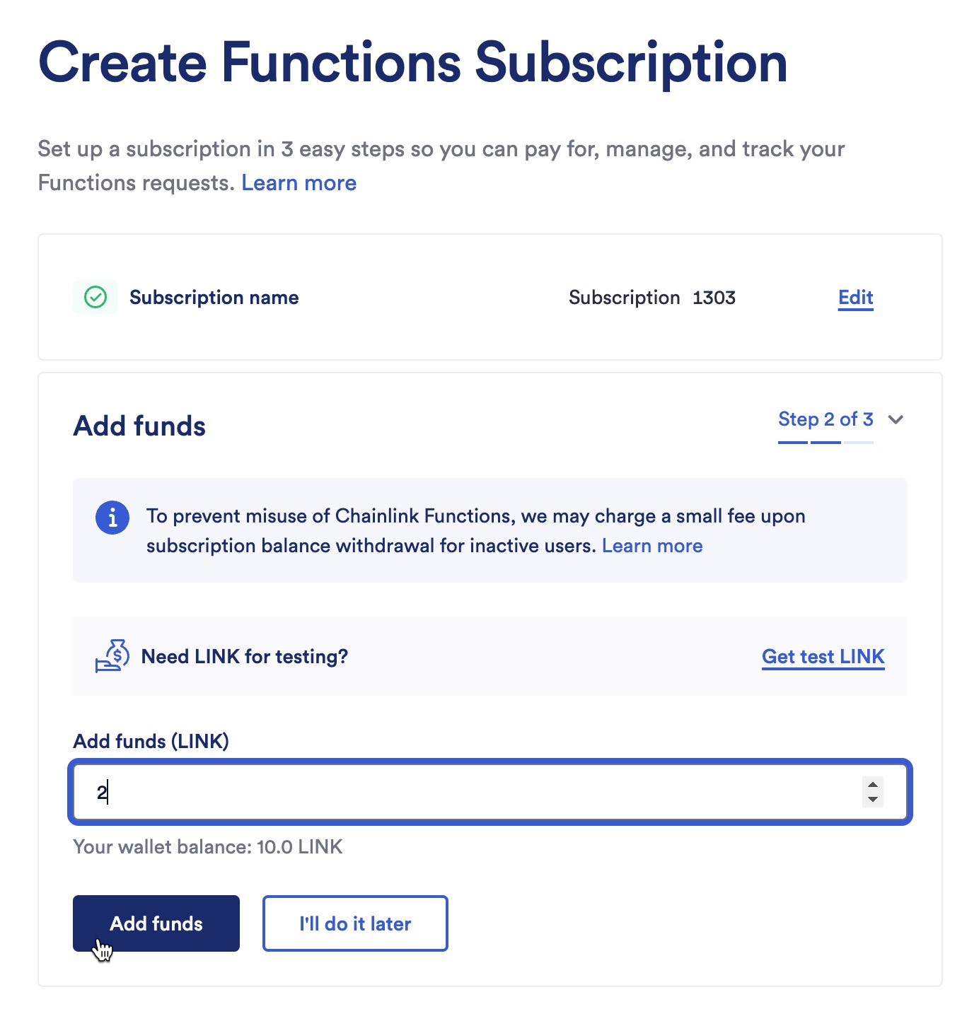 Chainlink Functions subscription add funds