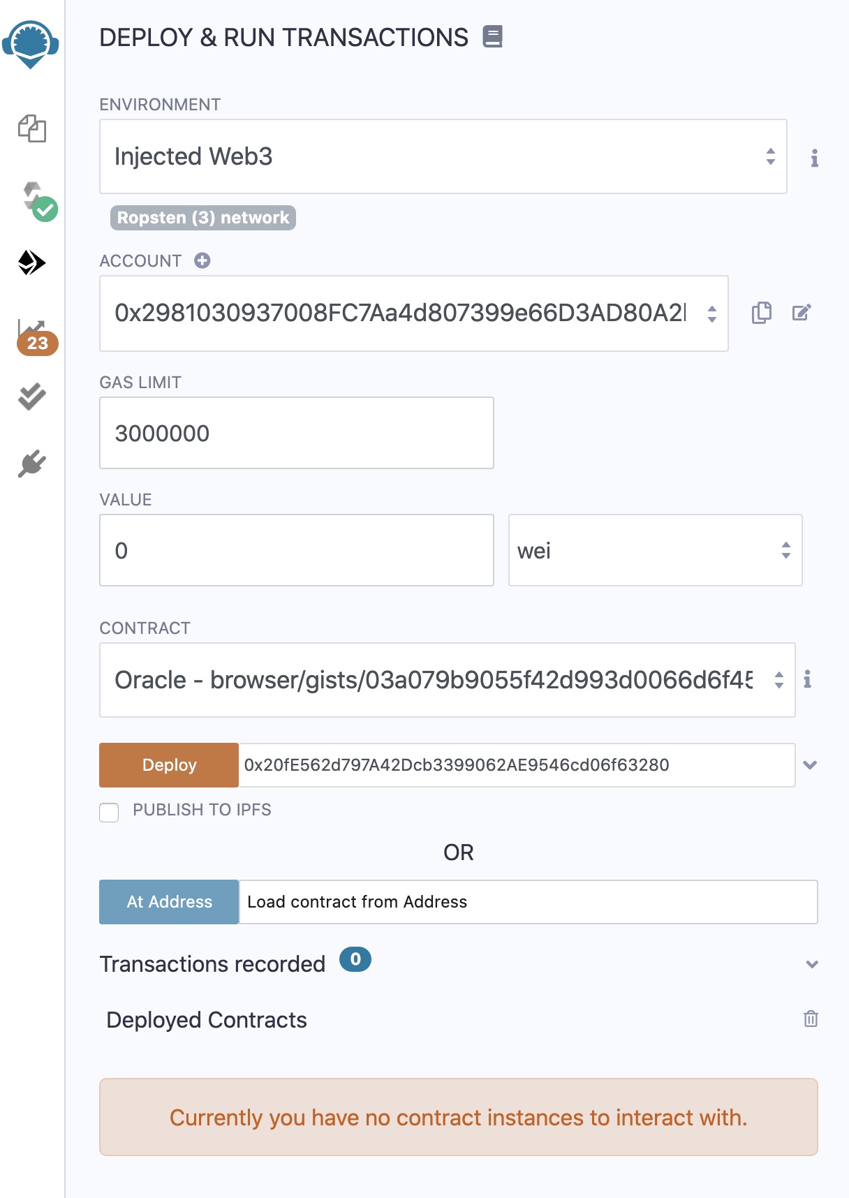 The Deploy & Run transaction window showing Injected Web 3 selected and the address for your MetaMask wallet.