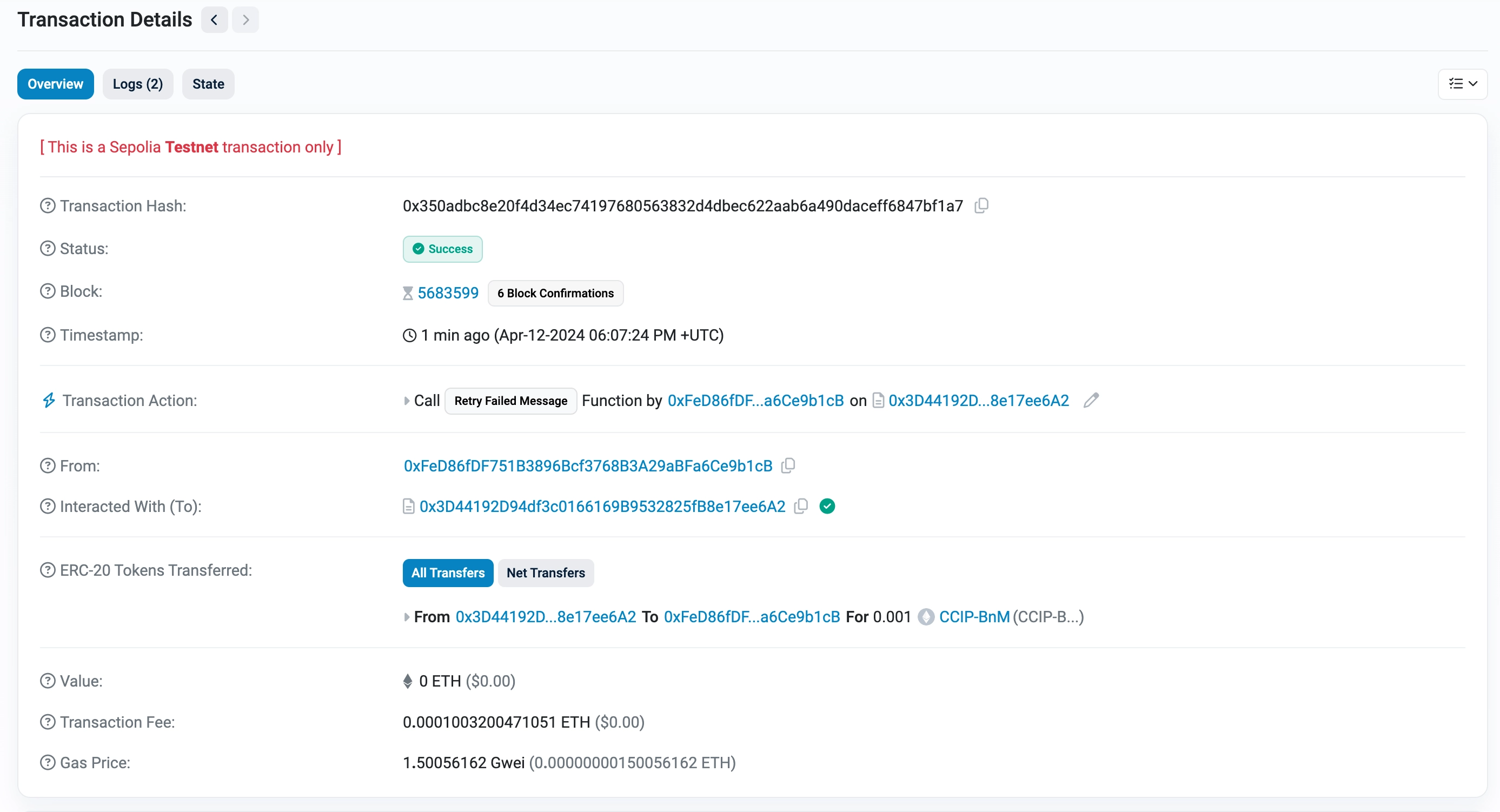 Chainlink CCIP retry failed message - tokens transferred