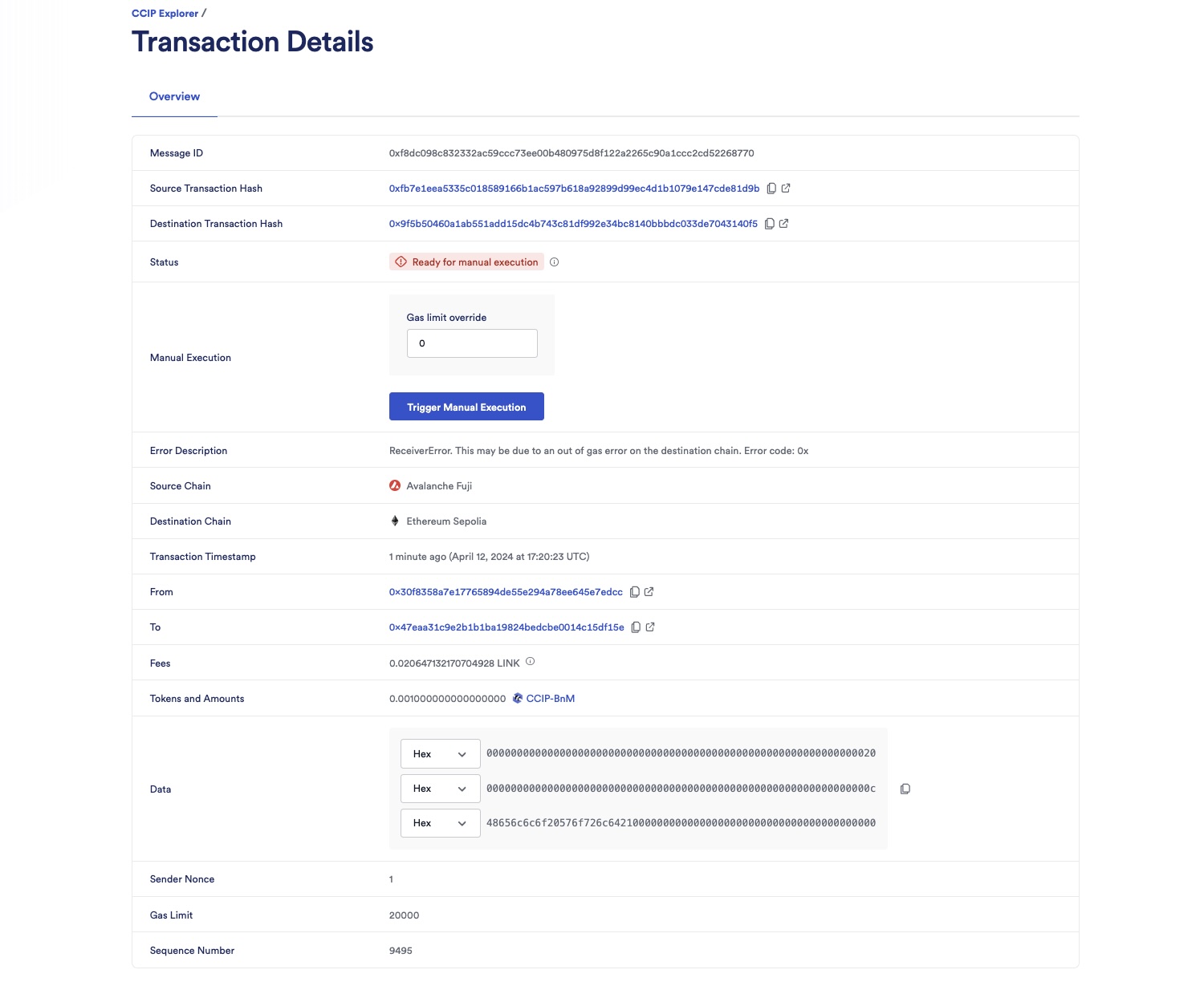 Chainlink CCIP Explorer transaction details ready for manual execution