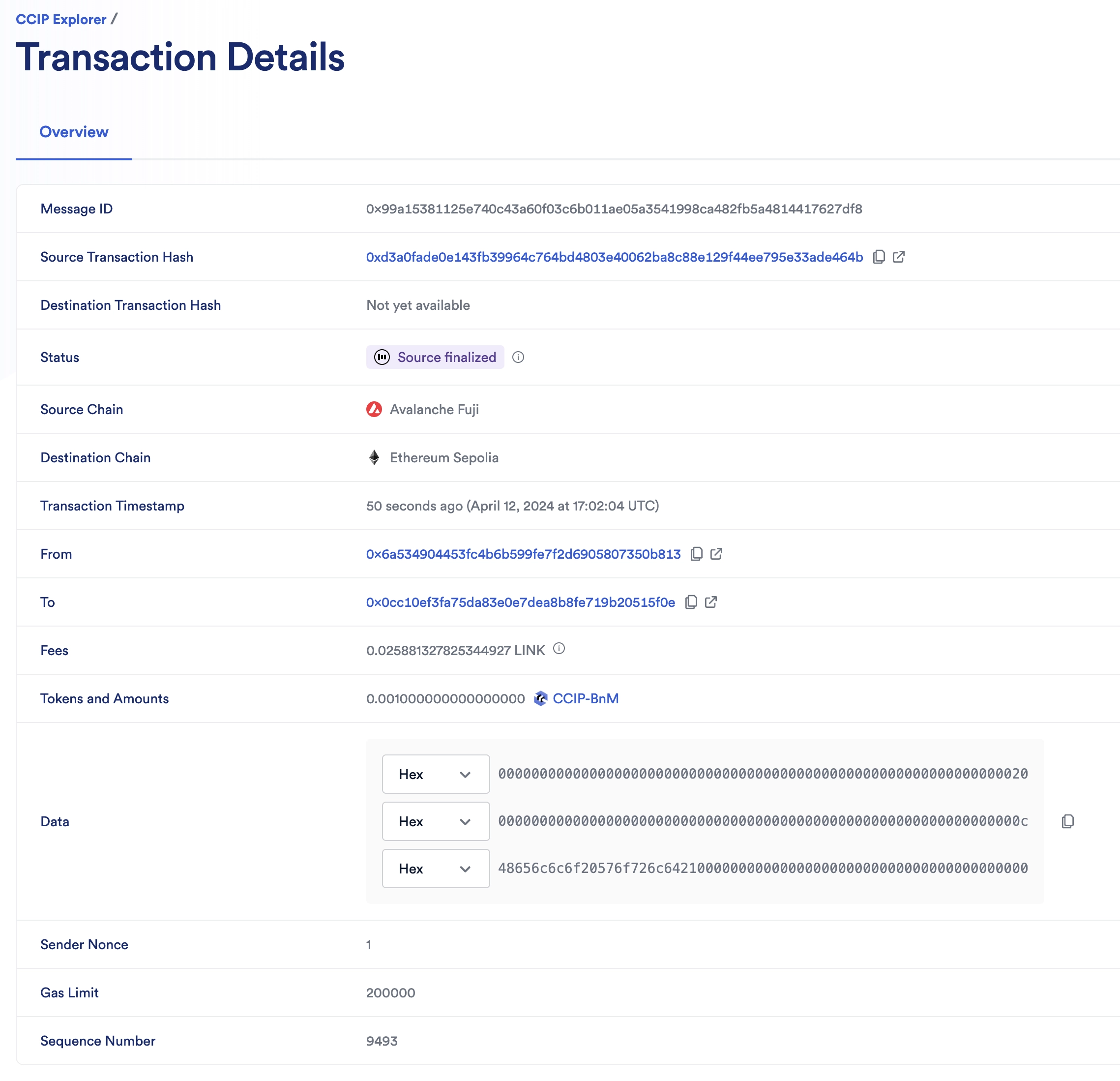 Chainlink CCIP Explorer transaction details