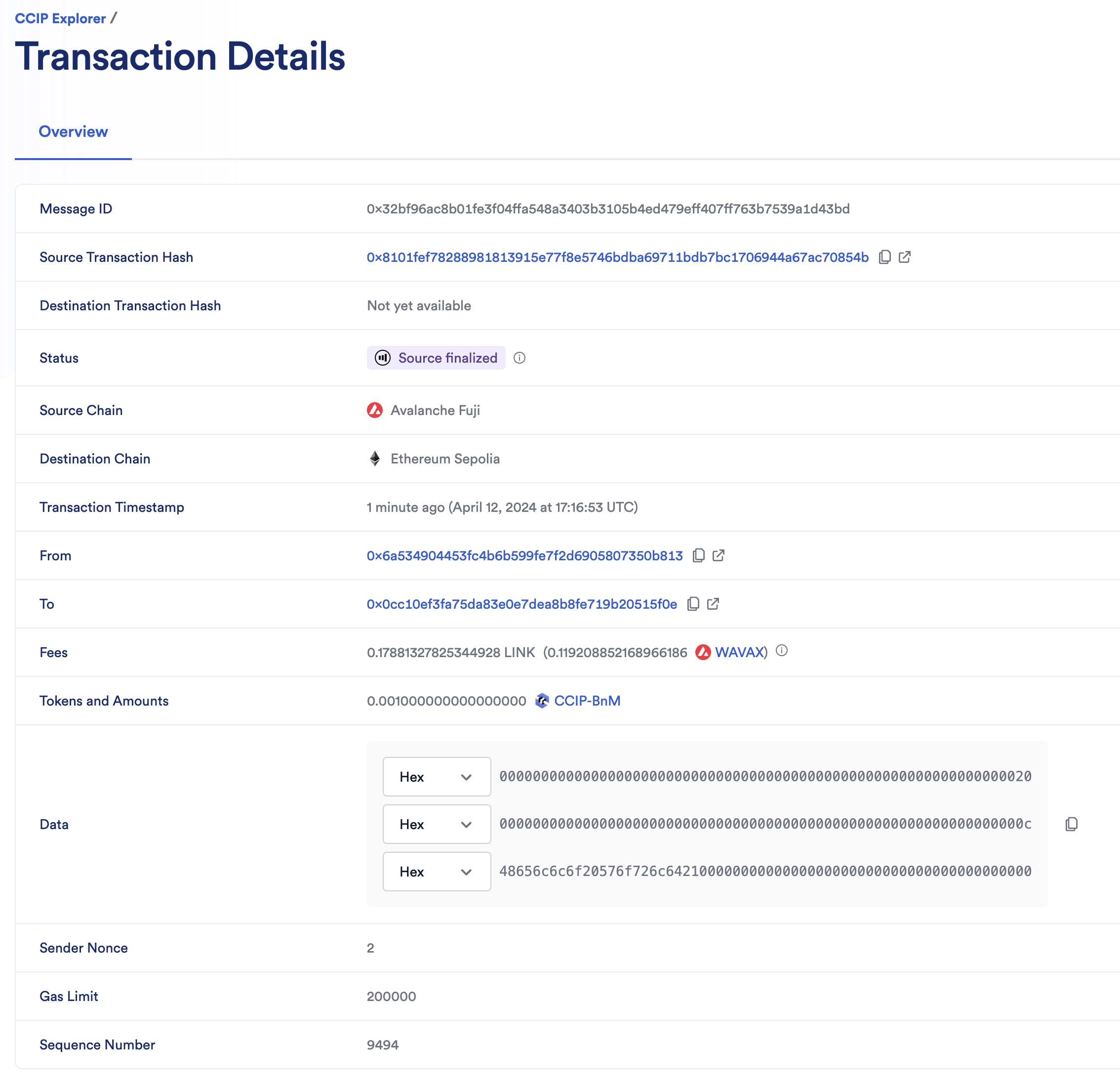 Chainlink CCIP Explorer transaction details