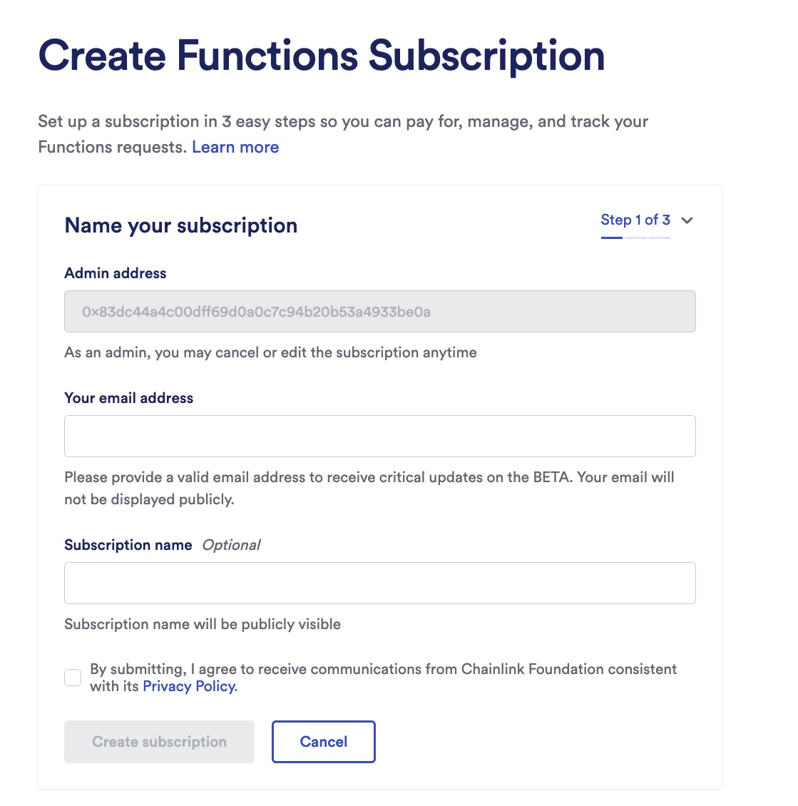 Chainlink Functions create subscription