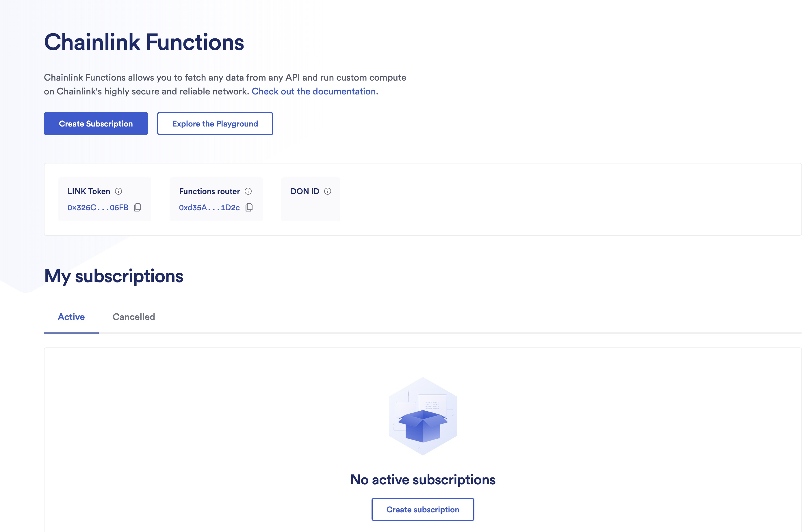 Chainlink Functions subscription landing page