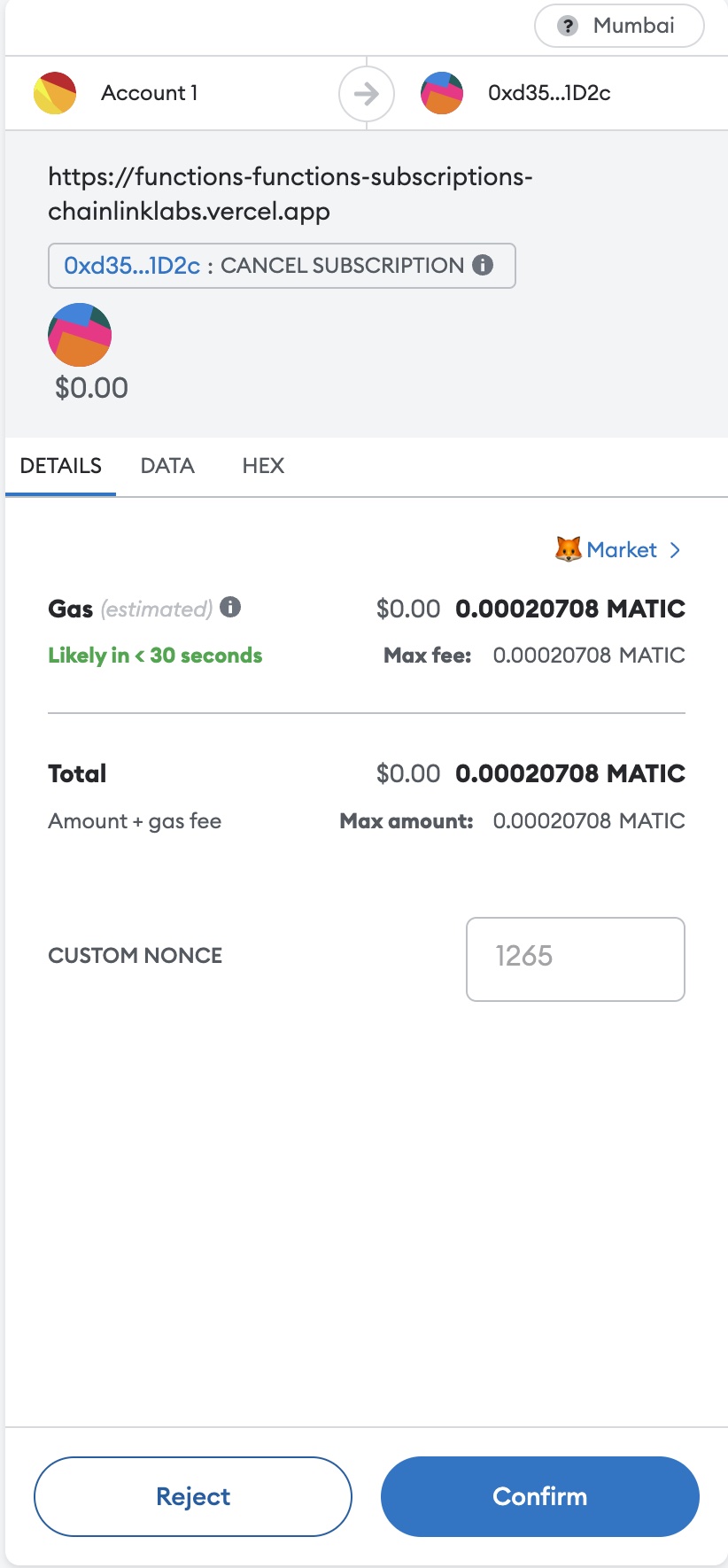 Chainlink Functions confirm the removal of the subscription in Metamask