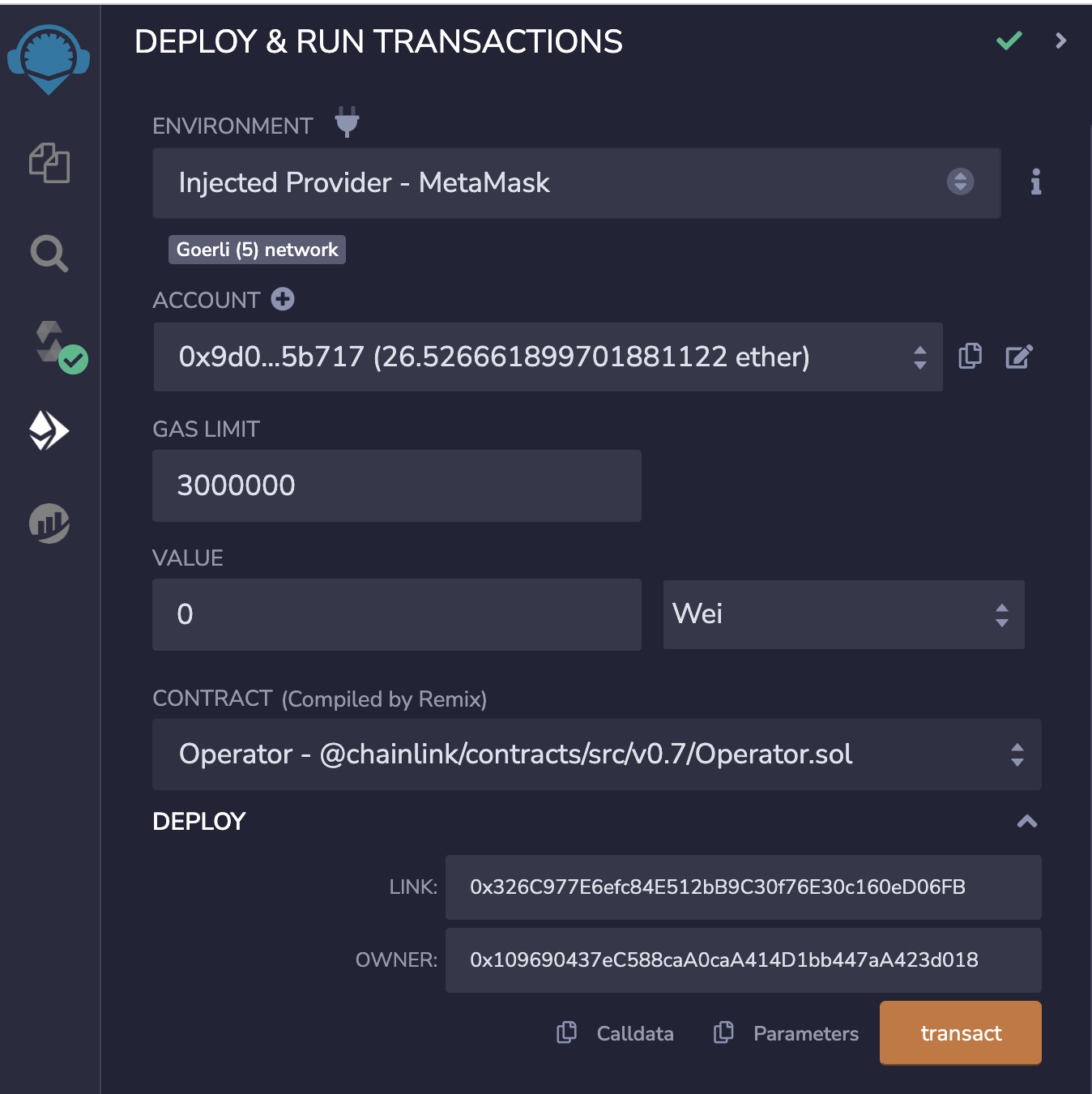 The Deploy & Run transaction window showing Injected Web 3 selected and the address for your MetaMask wallet.
