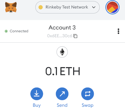 Screenshot showing a wallet with a balance of 0.1 ETH.