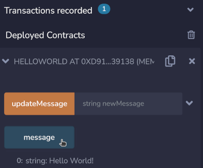 Screenshot showing the message function and the returned "Hello World" message.