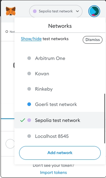 Screenshot showing the network selection menu in MetaMask. The Sepolia Test Network is selected.