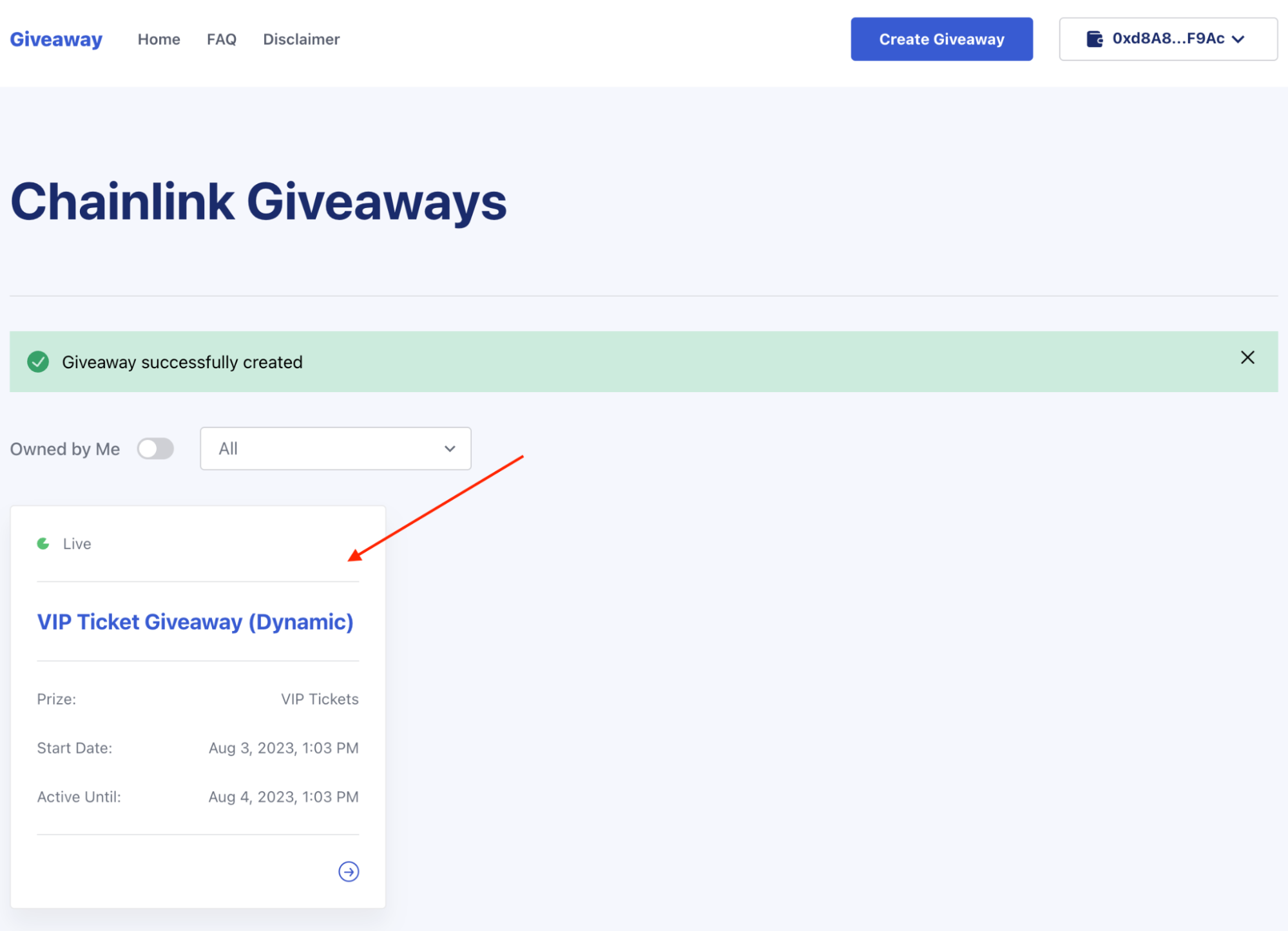 Click the newly created giveaway