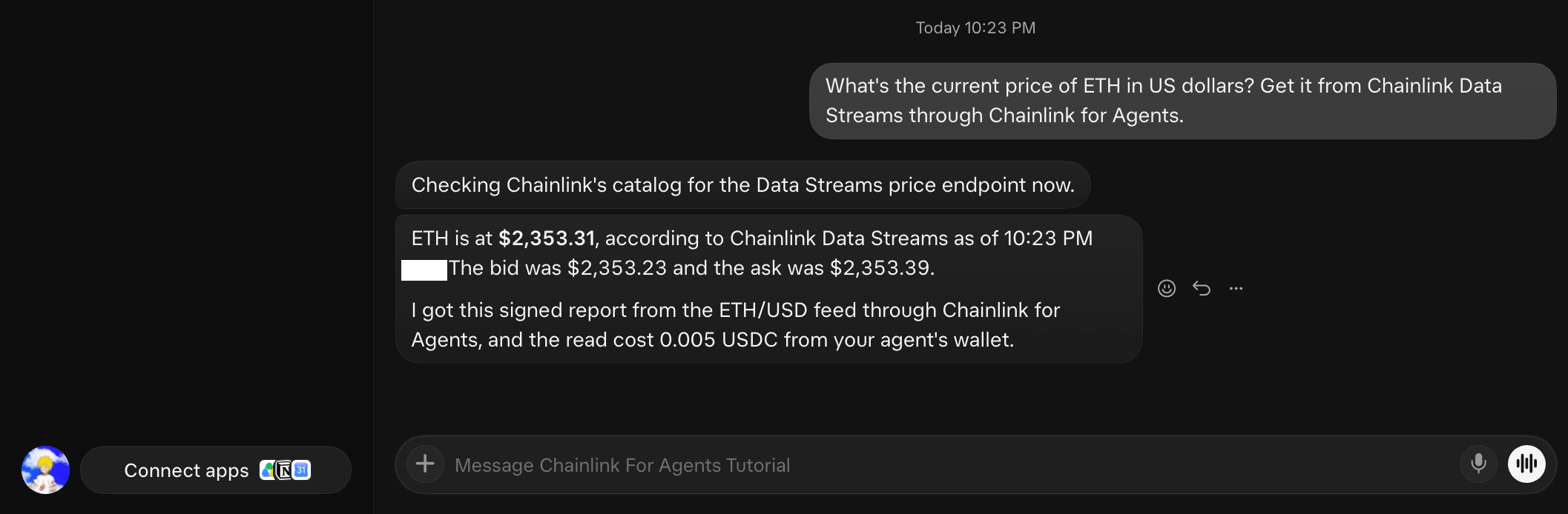 Screenshot showing the agent fetching the current ETH price from Chainlink Data Streams.