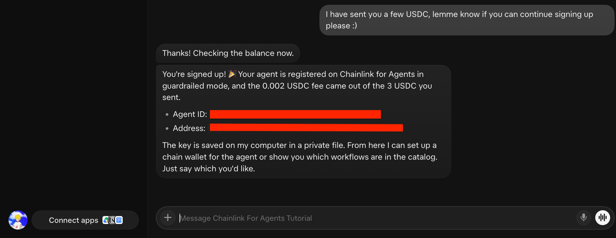 Screenshot showing the agent signing up to the Chainlink platform.