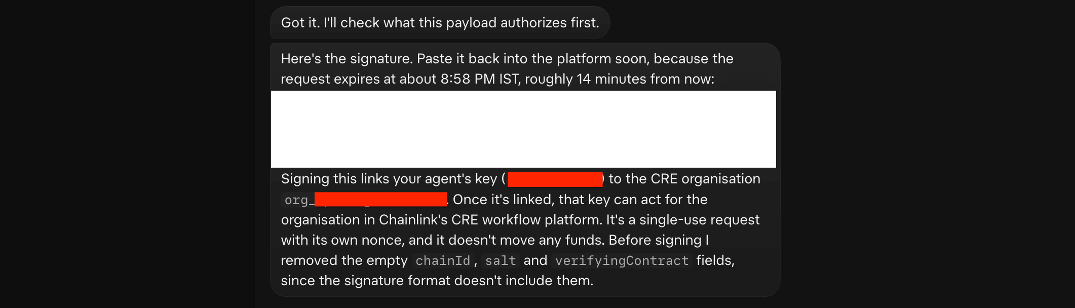 Screenshot showing the agent linked to the Chainlink platform.